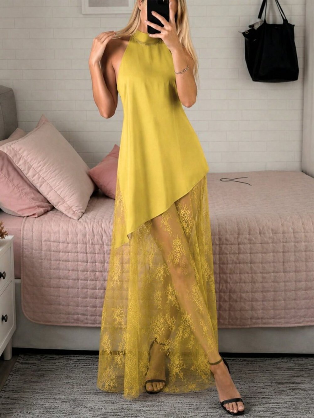 Yellow Casual Women's Sleeveless  Sheer Lace detailed A-Line Dress - Picture 3 of 6